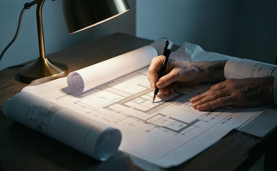 Architect reviewing blueprints at a drafting desk